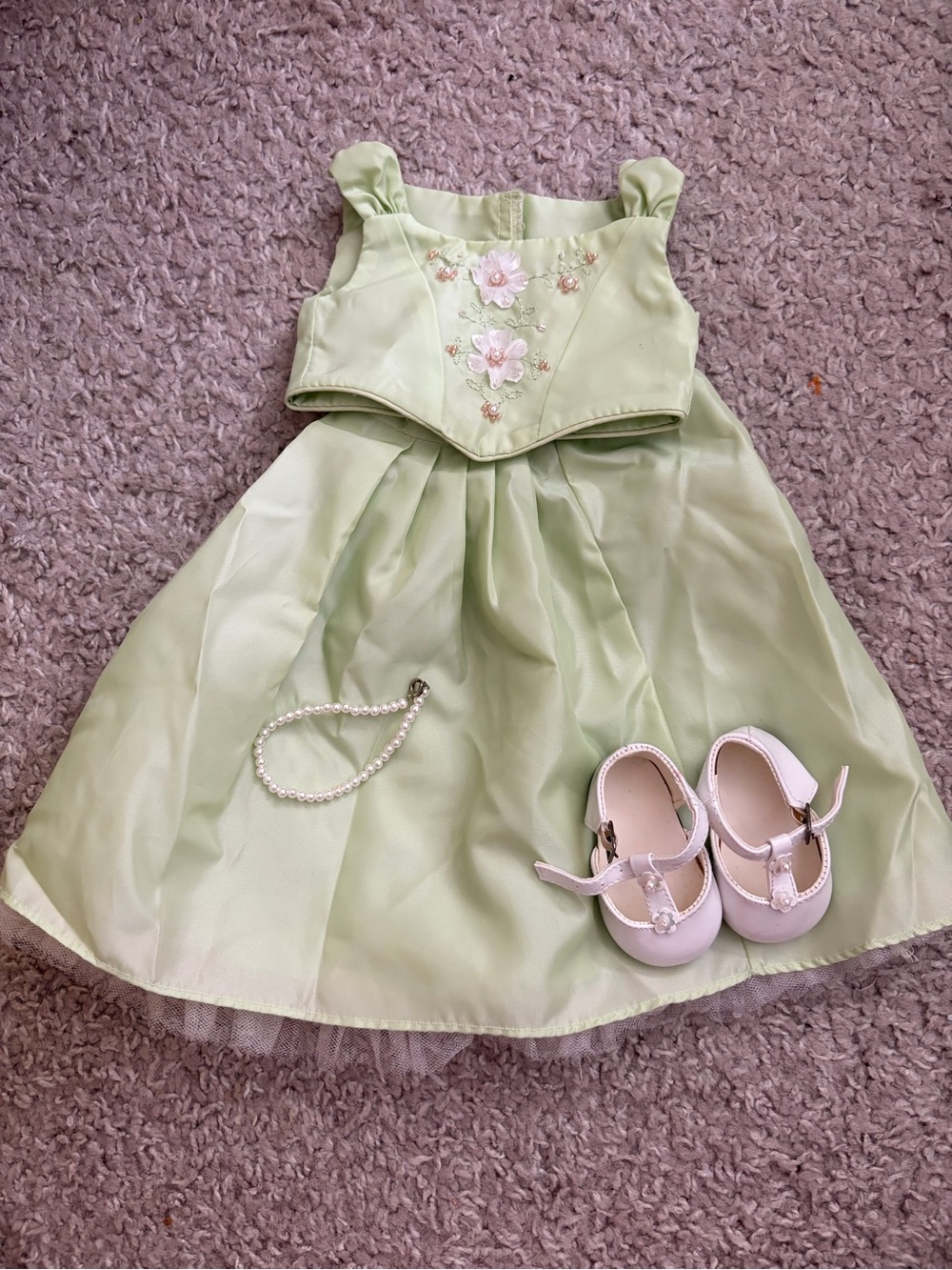 American Girl Junior Bridesmaid Dress with White Mary Jane Shoes and Necklace